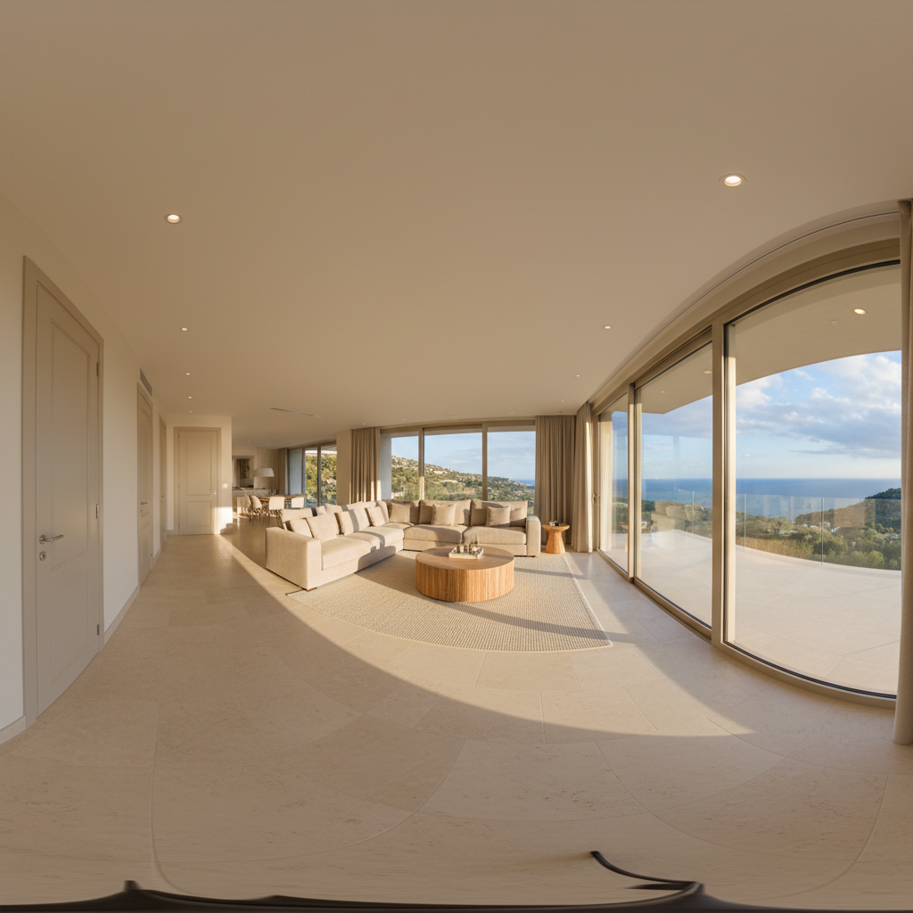 A panoramic, photographic-style interior of a high-end property captured as if from a 360° virtual tour, showing a continuous view that flows from an elegant hallway into a sunlit living area and then toward a balcony with a distant sea view. Walls are painted warm white, accented by light taupe doors and chrome hardware, while the living space features a neutral fabric sofa and a low oak coffee table. Late afternoon sunlight streams through balcony doors, creating soft highlights and elongated shadows on the stone tile floor. The image has a subtly curved, immersive composition, with sharp focus throughout to emphasize spatial continuity, evoking the experience of navigating an interactive 3D tour created by a professional real estate agency.