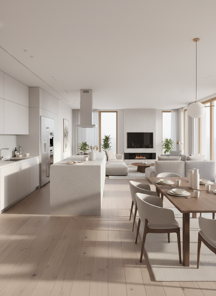 An elegant, fully furnished open-plan apartment rendered as a high-end 3D visualization, with a seamless transition from kitchen to dining and living areas. The kitchen features matte white cabinetry, a light gray stone island, and stainless steel appliances, while the dining table displays a carefully arranged set of neutral-toned tableware. Large windows cast diffused afternoon light across the wooden floors, highlighting subtle textures and casting delicate shadows under the furniture. Shot with a wide-angle lens at eye level, the photographic-style composition emphasizes depth and spatial flow, demonstrating how a 360° real estate agency presents properties in immersive detail, with a calm, aspirational, and professional atmosphere.