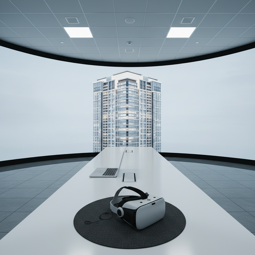 A high-tech real estate presentation room with a large wall-to-wall screen displaying a rotating 3D model of an entire residential building, each floor glowing softly in different neutral tones to distinguish the units. In front of the screen, a minimalist white conference table holds a laptop and a VR headset resting on a dark felt mat, symbolizing immersive 360° property visits. Cool, controlled LED ceiling lighting creates a focused, professional atmosphere, with precise reflections on the glossy floor tiles. Photographed from a slightly low angle for a cinematic feel, the composition is clean and symmetrical, emphasizing the cutting-edge tools used by a forward-thinking 3D real estate agency.