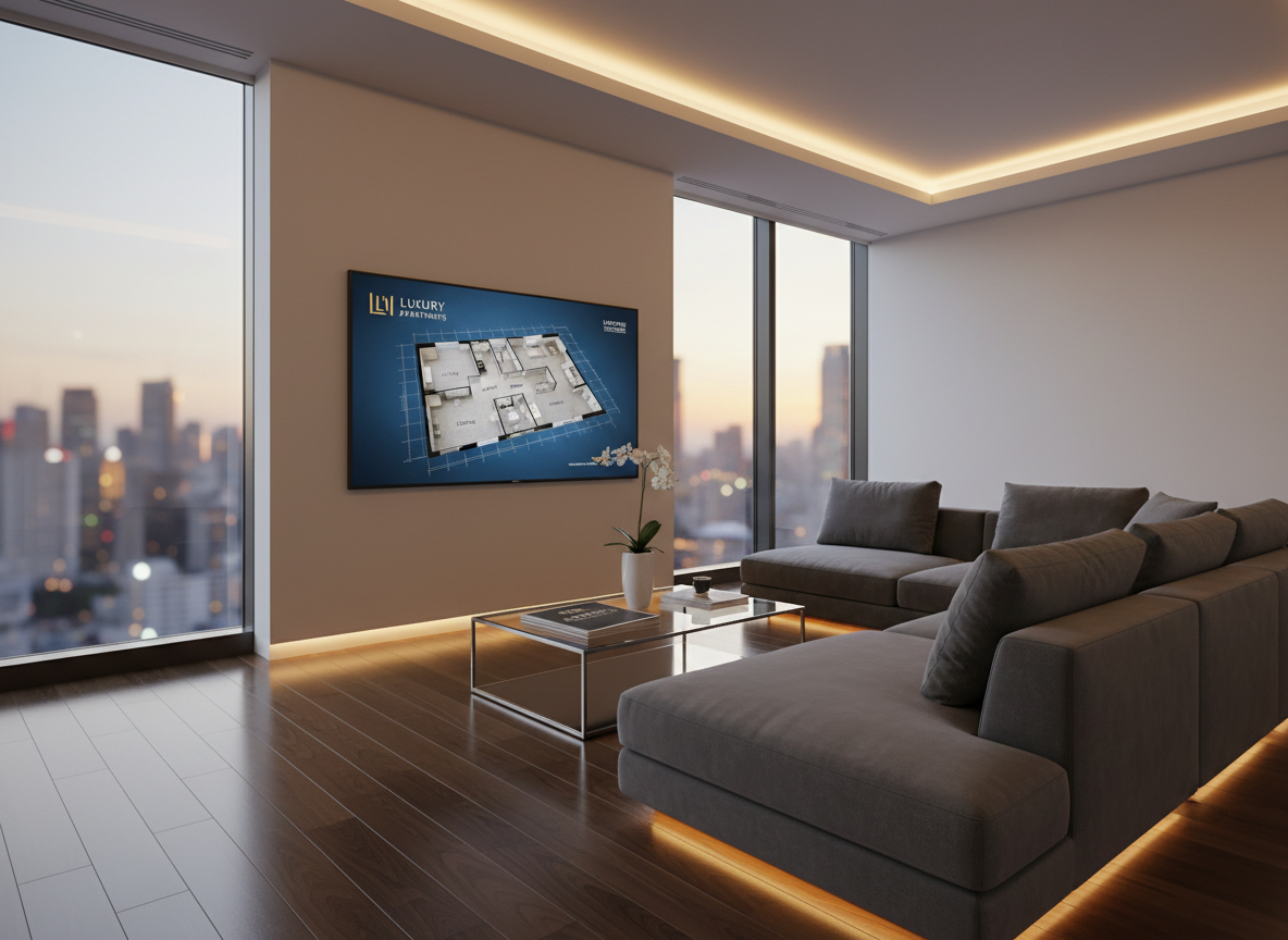 A sleek, meticulously staged modern living room representing a premium property listing, with a low-profile charcoal gray sectional sofa, glass coffee table, and a large wall-mounted flat screen displaying an elegant 3D floor plan of the apartment. The room opens to floor-to-ceiling windows overlooking a softly blurred city skyline at dusk. Warm recessed ceiling lights and subtle LED strip lighting along the baseboards create a calm, professional ambiance, with gentle reflections on the polished oak floor. Captured at eye level with photographic realism, the composition follows the rule of thirds, with sharp focus on the interior and a slightly softened background, conveying a high-end, trustworthy real estate agency aesthetic.