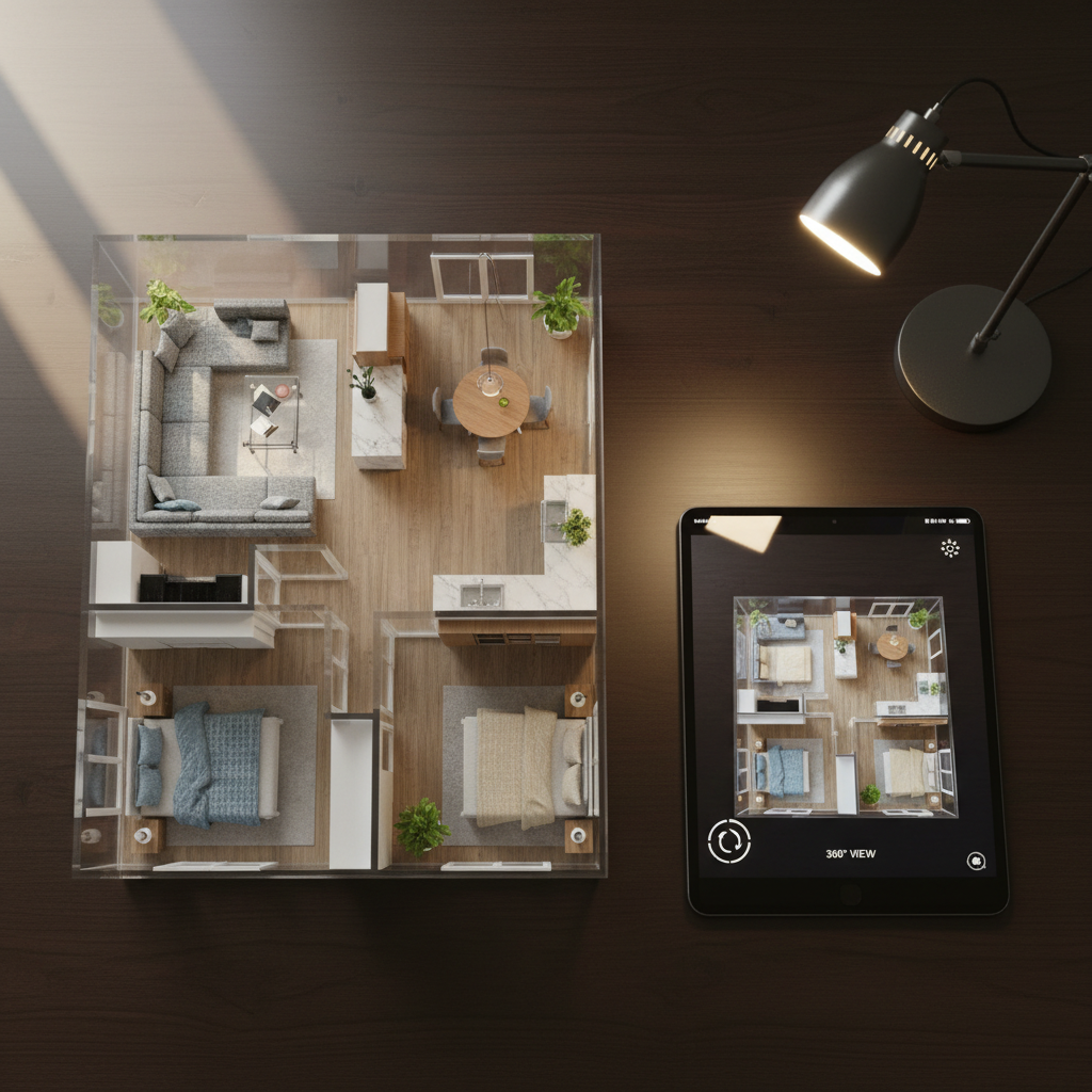 A detailed 3D floor plan laid out on a smooth dark wooden table, showing a spacious two-bedroom apartment from a bird’s eye view. Each room is fully furnished in miniature, with visible textures on beds, sofas, and countertops, and tiny potted plants adding realism. A sleek tablet lies next to the plan, displaying the same layout in an interactive 360° viewing mode. Soft, indirect daylight from a nearby window illuminates the scene, enhanced by a subtle desk lamp, creating gentle highlights on the glossy tablet screen and the edges of the printed plan. Captured from an overhead photographic perspective, the composition is crisp and organized, communicating clarity, precision, and the advanced digital tools of a modern real estate agency.